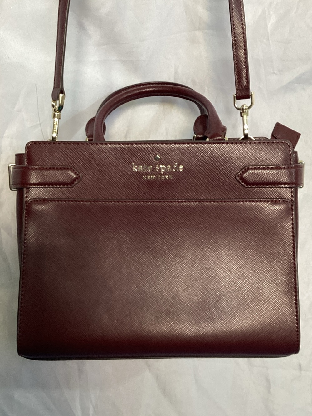 kate spade Burgundy Saffiano Leather Structured Satchel with Gold Hardware